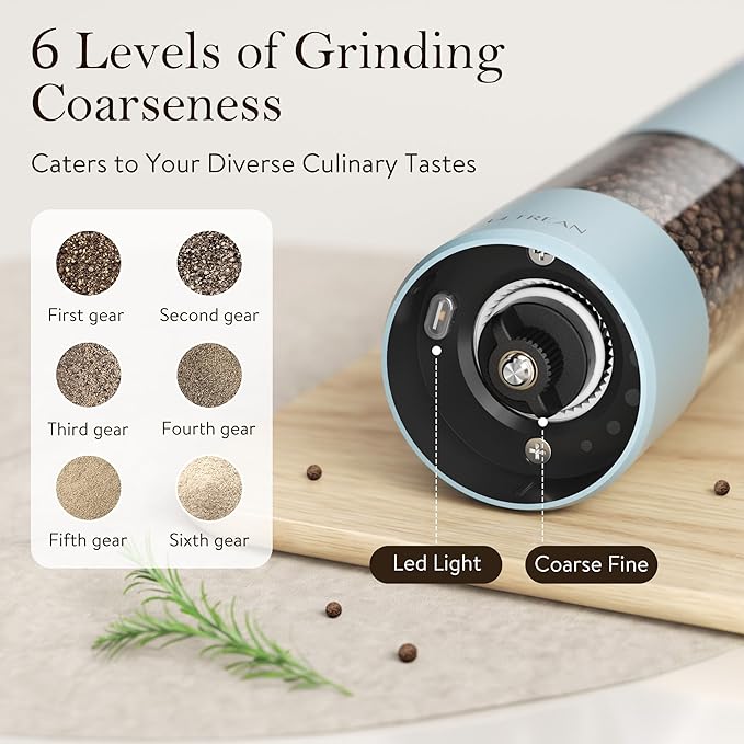 Ultrean Electric Pepper Grinder, Rechargeable Salt and Pepper Grinder with 6 Adjustable Coarseness, LED Light, One-Hand Automatic Operation, Sky Blue