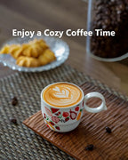 Ceramic Espresso Cups Set of 2 – Mini 3 oz Double Espresso Coffee Cups Small Espresso Shot Cups with Cute Q Handle, Gift for Coffee Lovers, Floral and fruit Patterns-White