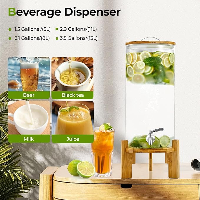 Beverage Dispenser 2.1 Gallon with Spigot Glass Water Dispenser for Parties, Bars, Restaurants (8L）with Wood Stand Drink Dispensers