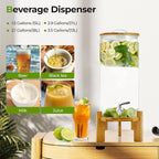 Beverage Dispenser 3.5 Gallon with Spigot Glass Water Dispenser for Parties, Bars, Restaurants (13L）with Wood Stand Drink Dispensers