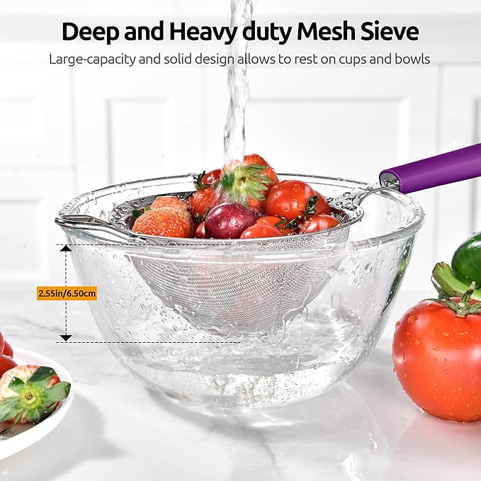 U-Taste Medium Fine Mesh Strainer: 18/8 Stainless Steel 4.73in 30 Mesh Kitchen Food Sieve with Sturdy Riveted Silicone Handle, Heavy Duty Deep Handheld Metal Colander for Rice, Quinoa, Flour (Purple)