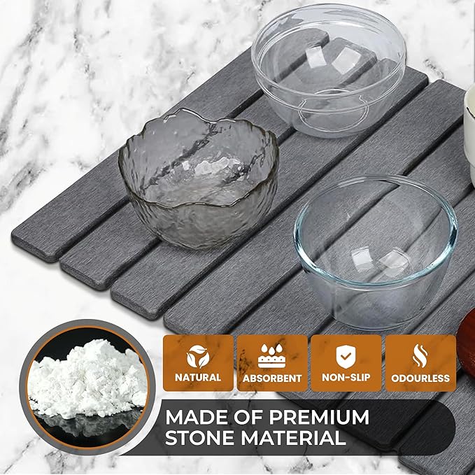 Large Stone Dish Drying Mat for Kitchen Counter, Instant Drying Pad, Super Absorbent Foldable Dish Drying Mat, 24"×16", Dark Gray