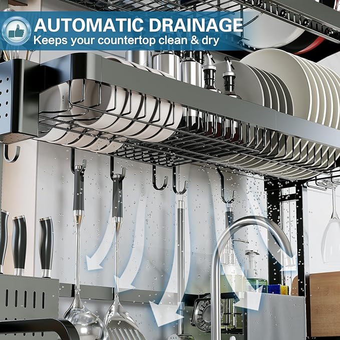 Over The Sink Dish Drying Rack,3 Tier Adjustable Length Full Stainless Steel Large Storage Kitchen Dish Rack,for Kitchen Counter Expandable Multifunctional Organizers,Silver (25.5'' to 37.6'')