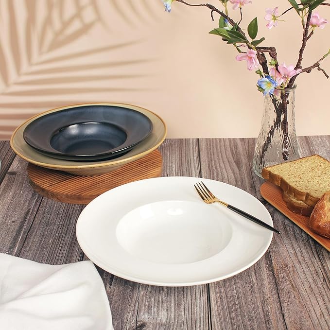 Pasta Plates with Rim 12 oz, Soup Bowl Pasta Bowl Set of 2, Shallow Bowl Plate, Ceramic Wide Rimmed Soup Bowl, Best choice for high-end restaurants, hotels, and foodies,11 Inch Beige