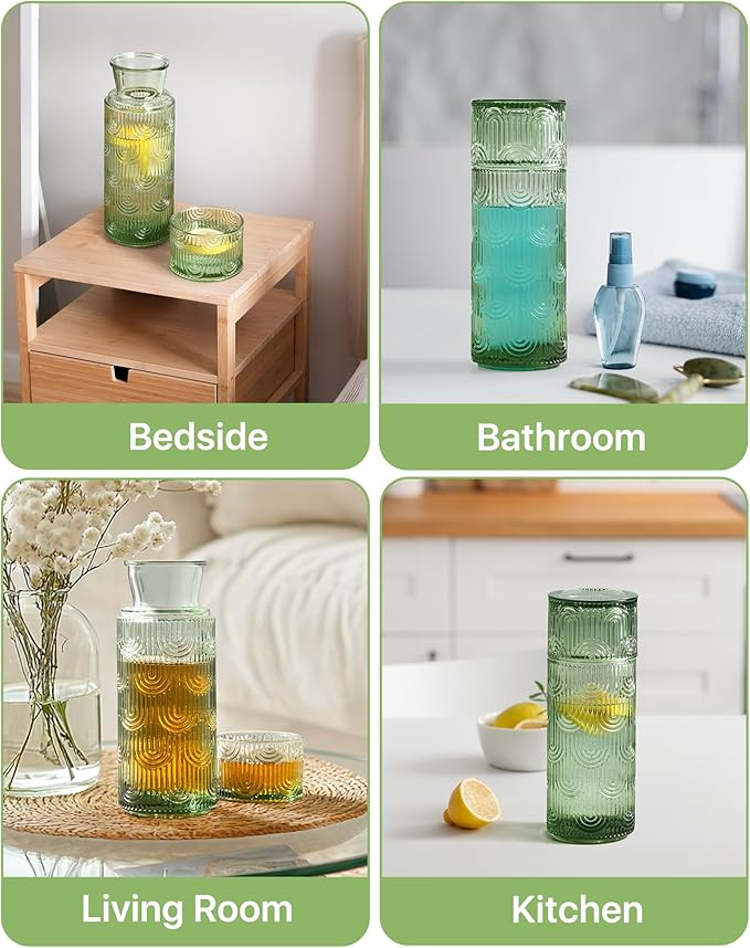 Bedside Water Carafe and Glass Set, Mouthwash Dispenser for Bathroom, 21.6 Oz Glass Water Bottles with 6 Oz Drinking Cup as Lid, Water Pitcher for Nightstand, Kitchen (Green)
