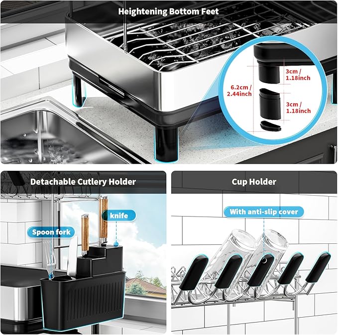 Dish Drying Rack, 2 Tier Large Dish Rack, Stainless Steel Dish Drainer for Kitchen Counter, Dishes Rack with Automatic Drainage, Utensil Holder,Cups Holder,Space Saving Kitchen Organizer,Black