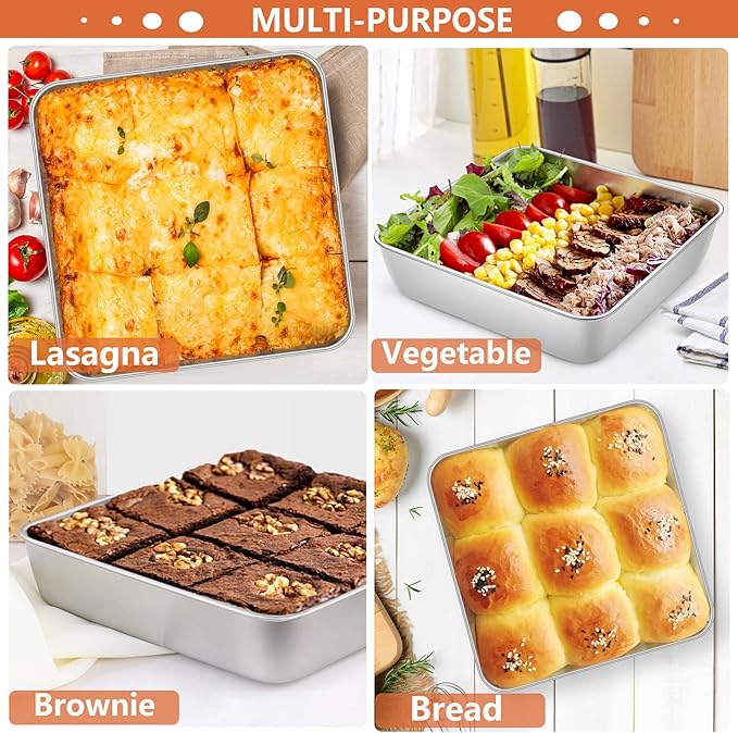 LIANYU 8 Inch Square Baking Cake Pan Set of 4, Stainless Steel Lasagna Brownie Bread Pan, Perfect for Birthday Party Wedding, Leakproof, Oven & Dishwasher Safe