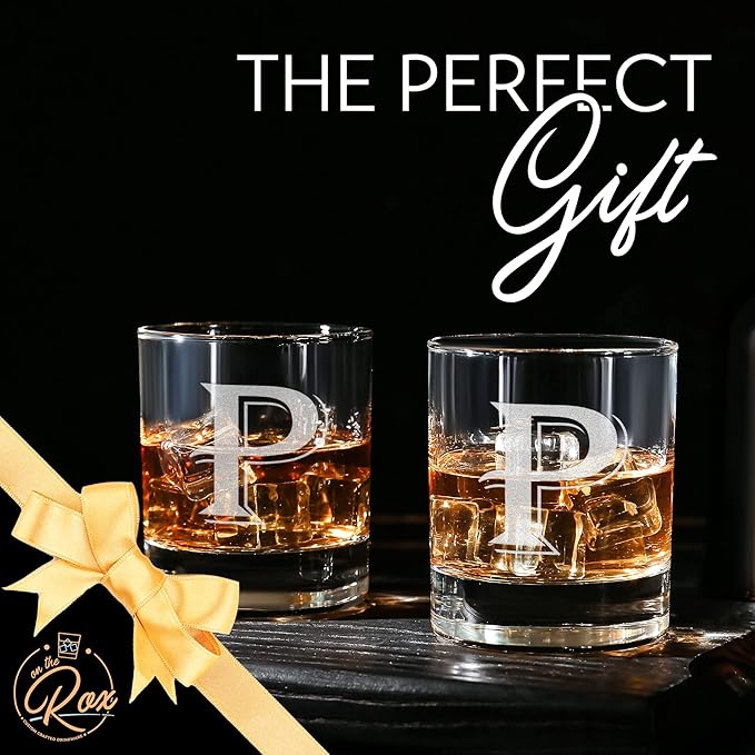 On The Rox Drinks (P-Monogram)- 4 Piece Set of 11 Ounce Engraved Heavy Base Rocks Glasses Elegant Glass-Multi-Purpose Beverage-Rocks Glass- Gift for any Occasion