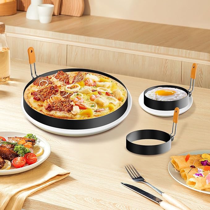 6 Pcs Professional Egg Ring Set, Non-stick Griddle Omelette Ring, Pancake Molds with Oil Brush,Stainless Fried Egg Molds with Orange Anti-scald Silicone Handle