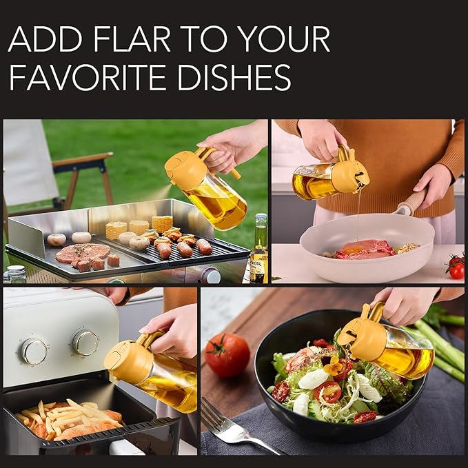 YARRAMATE 2Pcs 16oz/470ml 2 in 1 Oil Sprayer for Cooking with Stickers, Food-grade Glass Oil Spray Bottle, Oil Dispenser and Oil Sprayer for Kitchen, Salad, Frying, BBQ (White & Orange)