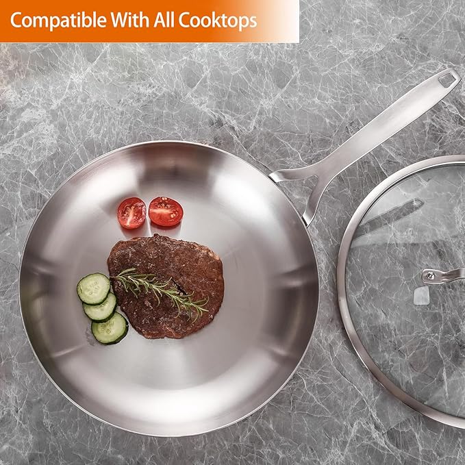 DELARLO Tri-ply Stainless Steel Frying Pan Set with Lid 8" 10" Induction Skillets Chef's Pan,Pots and Pans Set Kitchen Cookware Frying Pan Set Dishwasher and Oven Safe