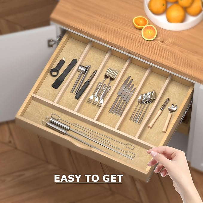 WelFurGeer Solid Birch Wood Silverware Drawer Organizer, Wooden Cutlery Drawer Organizer, Utensil Tray for Kitchen Drawers, Kitchen Utensil Organizer for Silverware, Flatware, Spoons, Forks, Knives