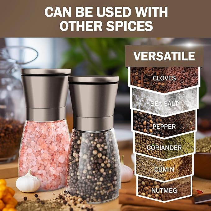 Home EC Original Gun Metal Bronze Salt and Pepper Grinder Set of 2 - Adjustable Ceramic Grinder - Glass Salt and Pepper Shakers With Funnel and Ebook - Spice Mill - Bronze Kitchen Accessories