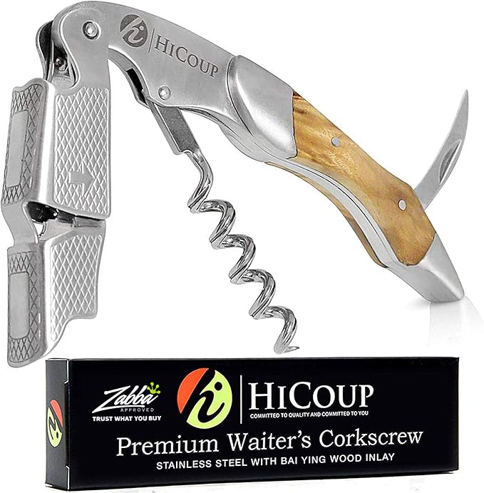 Hicoup Wine Opener - Professional Corkscrews for Wine Bottles w/Foil Cutter and Cap Remover - Manual Wine Key for Servers, Waiters, Bartenders and Home Use - Stainless Steel with Bai Ying Wood Inlay