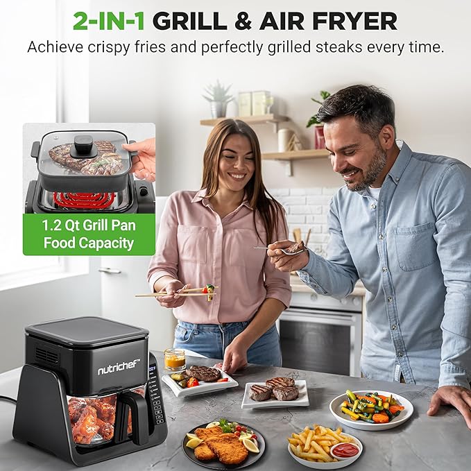 NutriChef 4 QT Air Fryer & Grill | 7-1 Preset Cook Modes | Transparent Fry Bowl for Best Cooking Results | Cook Shrimp, Steak, Fries, Wings & More | 4 QT Glass Air Fryer & 1.2 QT Grill | Black