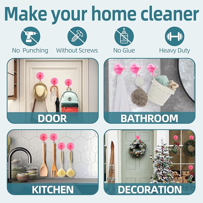 Antimbee Suction Cup Hooks,10 Pack Reusable Suction Cup Hangers,Removable Small Suction Cups for Shower,Bathroom,Glass,Door,Windows,Kitchen-Up to 11 lbs on Smooth Surface (Transparent Pink)