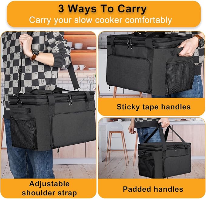 Slow Cooker Carrying Bag, Double Layer Insulated Design Slow Cooker Carrier with Removable Hard Liner and Pot Lid Fastener Fit for 6-8 Quart Crock Pot, Black