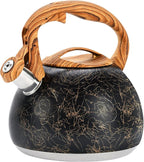 GGC Tea Kettle for Stove Top, Loud Whistling Kettle for Boiling Water Coffee or Milk, 3.1 Quart Stainless Steel Art Line Black Kettle with Wood Pattern Handle, Unique Button Control Kettle Outlet