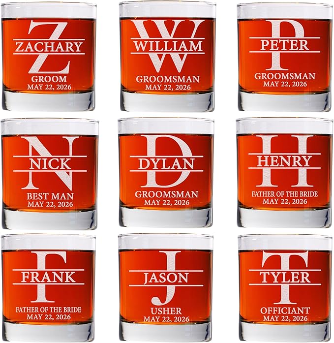 Set Of 9, Personalized Whiskey Glass For Groomsman Gifts, Best Man, Groom, 11oz Old Fashioned Custom Monogrammed Whiskey Glass
