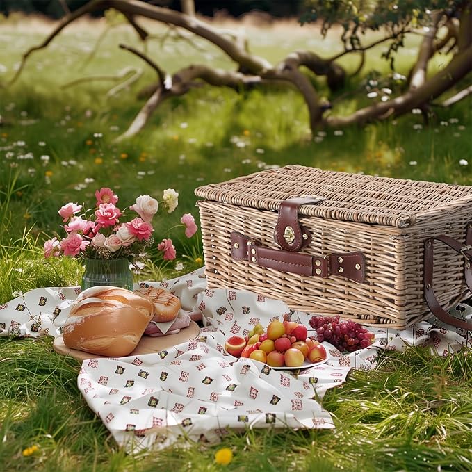 Picnic Basket Set for 4 with Waterproof Blanket Mat Insulation Bag Wicker Classic Vintage Retro Red Plaid Gift for Wedding Birthday Summer Camp Outdoor Camping Beach Travel Christmas