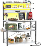 Aheaplus Bakers Rack with Power Outlet, Microwave Stand, 5 Tiers Coffee Bar Station with Led Lights, Kitchen Storage Shelf with 6 S-Shaped Hooks, Kitchen Rack Coffee Bar Stand, White Oak