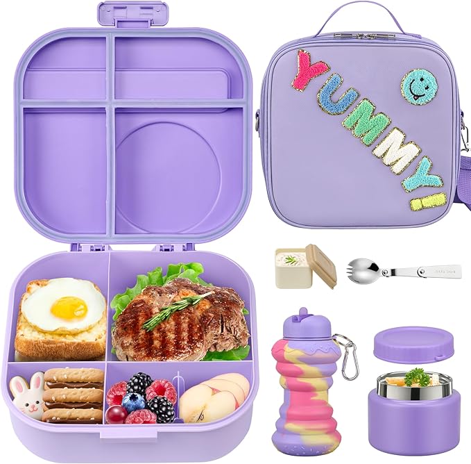 Kids Bento Lunch Box with 12oz Soup Thermo, Kids Leakproof Lunch Food Container with 4 Compartments, Insulated Lunch Bag & Water Cup for Girls Boys to School Travel