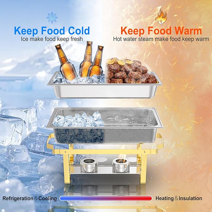 Chafing Dishes for Buffet 4 Pack, 11QT [Large Size and Sturdy] Stainless Steel Food Warmers for Parties Buffet [Elegant Gold and Silver Colors] Catering Supplies Buffet Display