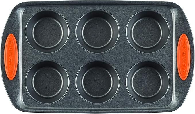 Rachael Ray Yum-o! Nonstick Bakeware Oven Lovin’ Cups Muffin Pan, 6-Cup, Gray with Orange Handles