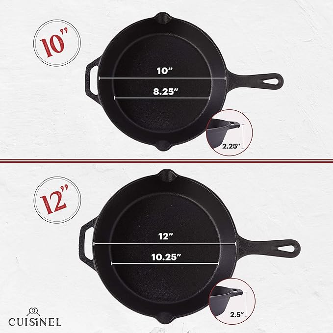 Cuisinel Cast Iron Skillets Set - 4-Piece Chef Pans - 6" + 8" + 10" + 12"-Inch + 4 Heat-Resistant Handle Holders - Pre-Seasoned Oven Safe Cookware - Indoor/Outdoor Use - Grill, Stovetop, BBQ Safe