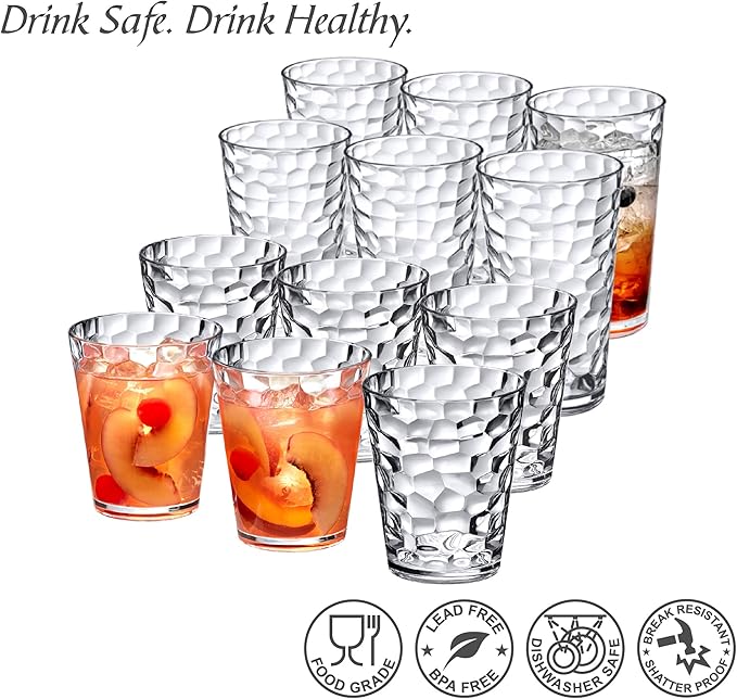 Amazing Abby Iceberg 16-Ounce and 24-Ounce Tumblers (Set of 12), Clear Drinking Glasses, Reusable Plastic Cups, Stackable, BPA-Free, Shatter-Proof, Dishwasher-Safe
