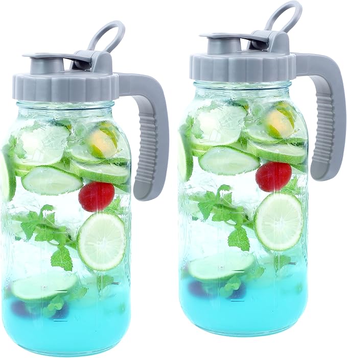 Mason Jar Pitcher 64 OZ Glass Pitcher With Pour Spout Lids (2 Pack) Airtight Leak Proof 2 Quart Wide Mouth Water Pitcher With Handle And Flip Cap For Iced Tea,Milk,Sun Tea, Lemonade,Juice,Iced Coffee