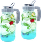 Mason Jar Pitcher 64 OZ Glass Pitcher With Pour Spout Lids (2 Pack) Airtight Leak Proof 2 Quart Wide Mouth Water Pitcher With Handle And Flip Cap For Iced Tea,Milk,Sun Tea, Lemonade,Juice,Iced Coffee