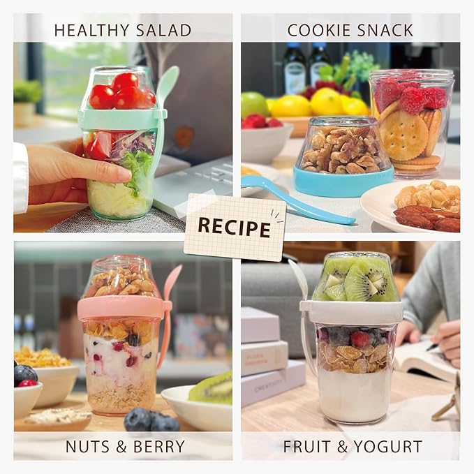 Felli On the Go Yogurt Parfait Snack Cup with Lid 100% Leak Proof, Reusable Travel Container with Spoon + Fruit & Granola Holder for To Go Cereal, Overnight Oats, Chia Pudding Jar (2, Blue Moon)