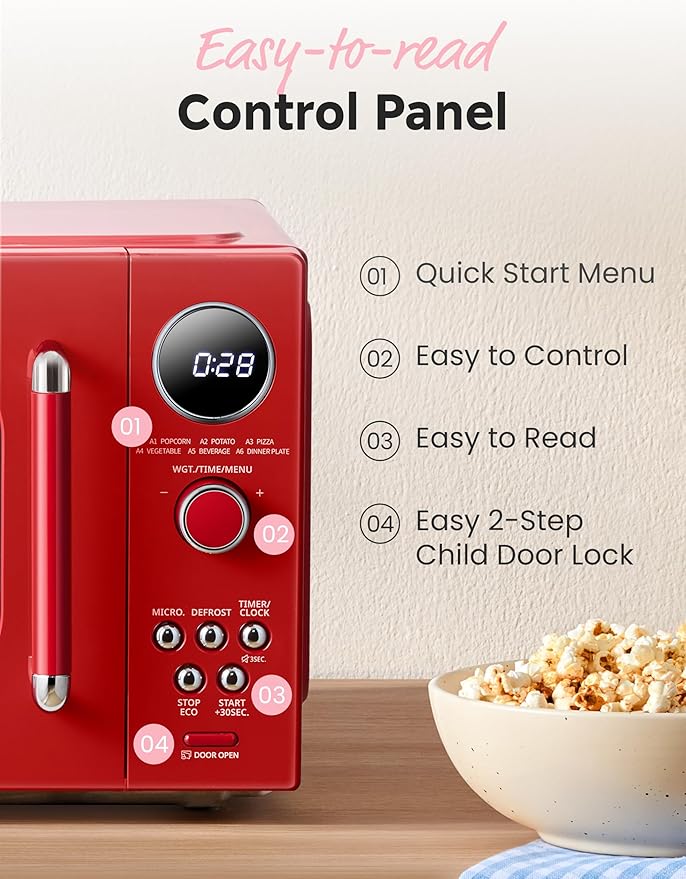 COMFEE Retro Ovens, Small 9 Preset Programs, 0.9 cu.ft Countertop Compact Microwaves with Multi-Stage Cooking, Mute Function, LED Digital, Red/900W, CMO-MMP02AA(RD), Red