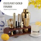 Mixology & Craft Bartender Kit: 10-Piece Cocktail Shaker Set with Dark Bamboo Stand | Complete at Home Bar Set with Bar Accessories | Great Housewarming Gift | Leak-Proof Design (Gold)