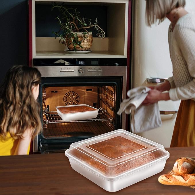 TeamFar Square Cake Pan with Lid (2 Pans & 2 Lids), 8 Inch Stainless Steel Square Baking Tray Cake Brownie Tin For Meal Prep Storage Transporting Food, Healthy & Sturdy, Dishwasher Safe