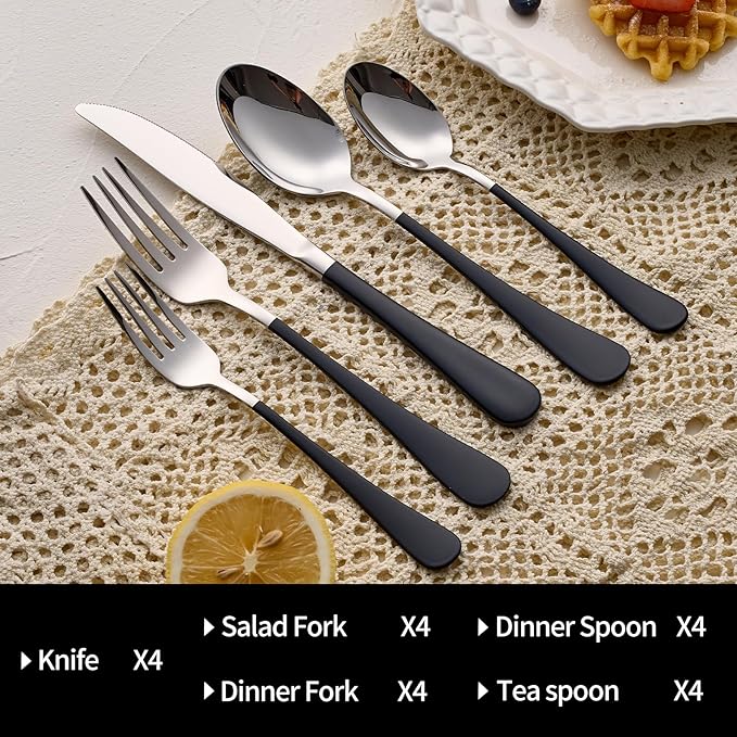 20-Pieces Black Silverware Sets for 4,Black Handle Stainless Steel Cutlery Set, Include Forks Spoons and Knives Set, Dishwasher Safe Utensil Sets for Home Restaurant