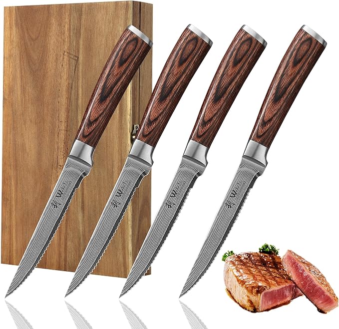 Wakoli EDIB 4-Piece Steak Knife Set – Japanese Style Dining Knives | Genuine Damascus Steel Blades with VG10 Core | Ergonomic Pakkawood Handles | Premium Steak Cutlery in Wooden Gift Box