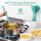 600ºF Heat Resistant Kitchen Utensil: U-Taste 13.6" Extra Long Silicone Cooking Tools Set, Food-Grade Non-Stick Solid and Slotted Turner Spatula, Mixing Spoon, and Soup Ladle (5 Pieces, Aqua Sky)