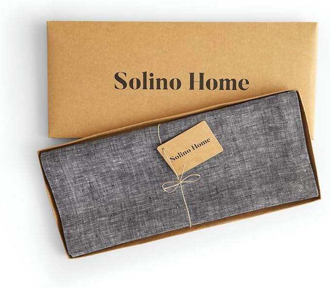Solino Home Linen Small Table Runner 48 Inches - Athena, 100% Pure Linen Chambray Black Table Runner 14 x 48 Inch Ideal for Dresser and Coffee Tables - Summer, Halloween