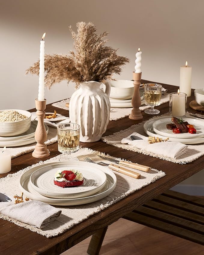 Stoneware Dinnerware Sets, Plate and Bowl Sets for 4, 12 Pieces Spiral Flared Dishware Set with Speckles & Reactive Glaze - Microwave and Dishwasher Safe Tableware, Shell Beige