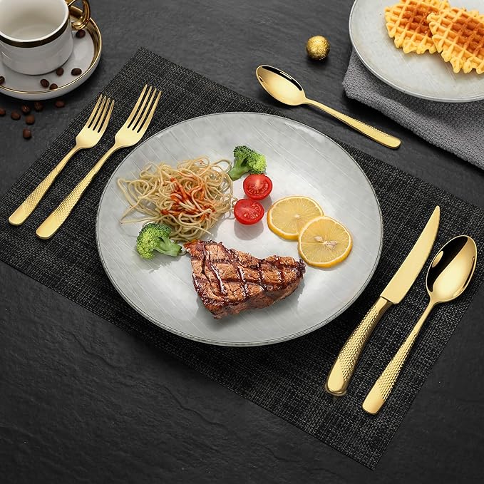 Lemeya 20-Piece Hammered Gold Silverware Set for 4 with Serrated Forging Knives,18/10 Stainless Steel Modern Flatware Set,Unique Cutlery Set Spoons and Forks Set,Mirror Polished,Dishwasher Safe