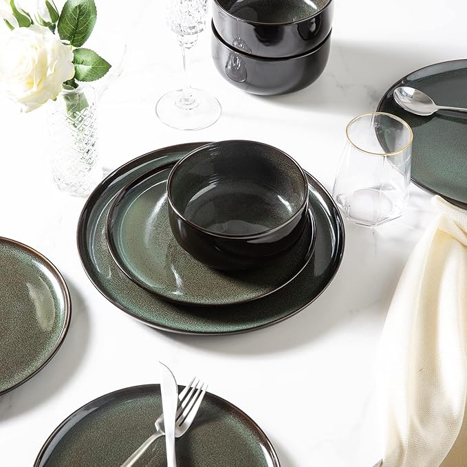 LERATIO Ceramic Dinner Plates Set of 6, 10.5 Inch Reactive Glaze Porcelain Plates, Modern Shape Dinnerware Dishes Set for Kitchen,Microwave&Dishwasher&Oven Safe, Scratch Resistant-Green