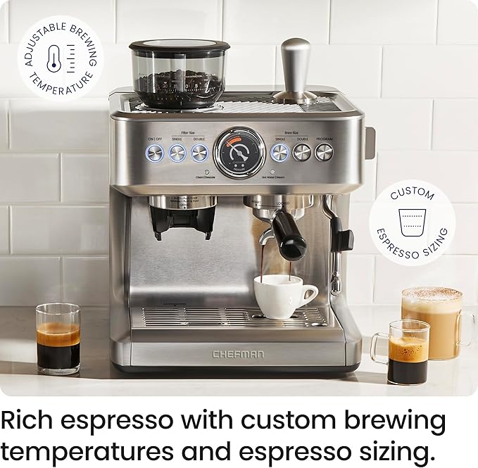 Chefman Crema Supreme 15 Bar Espresso Machine with Milk Frother, Barista Steam Wand, Professional Coffee Maker with Coffee Grinder, 30 Grind Settings, 3L Removable Water Tank - Stainless Steel