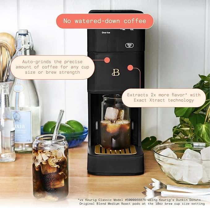 Beautiful™ Perfect Grind™ Programmable Single Serve Coffee Maker – Black by Drew Barrymore, Built-In Grinder for Fresh Grounds, Adjustable Cup Size, Programmable Timer, Reusable Filter, Compact Design