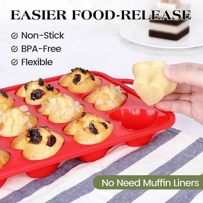 2 Pcs Heart Shaped Muffin Pan with Metal Reinforced Frame 12 Cup Nonstick Silicone Heart Cake Mold for Baking 2.5 Inch Cupcake Tray (Red)