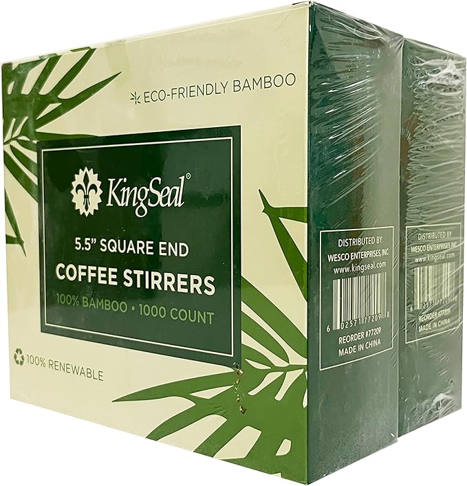 2000 Count | KingSeal Bamboo Coffee Stirrers, Stir Sticks, 5.5 inches, Square End, 100% Renewable and Biodegradable - 2 Boxes x 1000 Stirrers