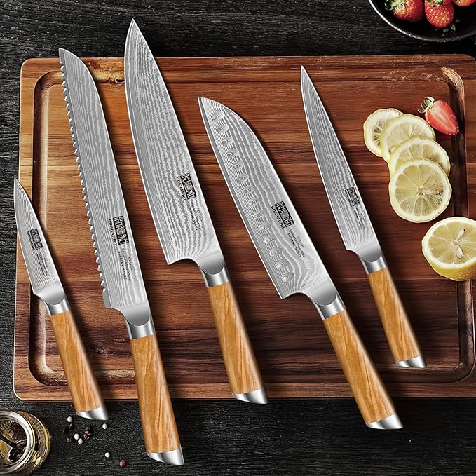 5 Pieces Kitchen Knife Sets, Ultra Sharp Professional Damascus Super Steel Chef Knives Sets with Ergonomic Olive Wood Handle, Including Chef, Bread, Santoku, Utility & Paring Knives