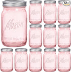 WELLIFE Pink Mason Jars 32 oz,12 Pack Wide Mouth Mason Jars for Safe Storage,Fermenting,Pickling,DIY,Crafts Decoration