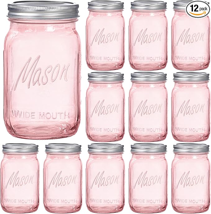 WELLIFE Pink Mason Jars 32 oz,12 Pack Wide Mouth Mason Jars for Safe Storage,Fermenting,Pickling,DIY,Crafts Decoration